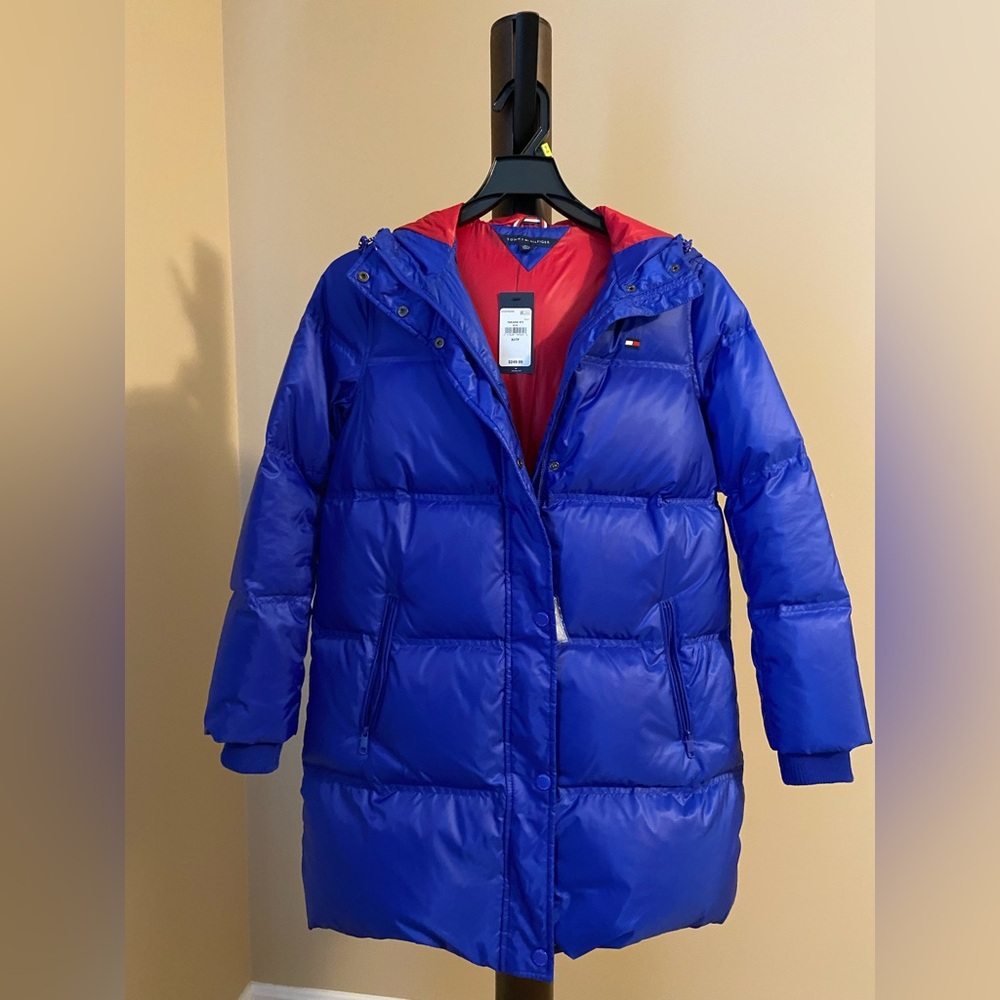 Women's Tommy Hilfiger Royal Blue Puffer Down Coat with Red Interior